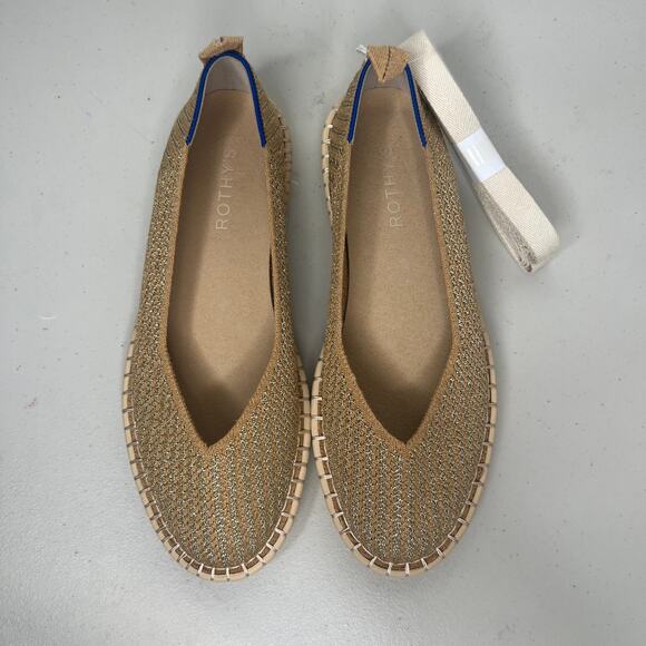 Rothys Tan Metallic Gold Stripe Ballet Ankle Lace Wrap Up Flats 8.5 - Picture 3 of 9